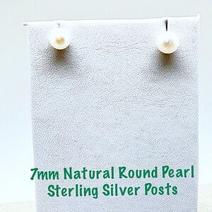 White Natural 7mm Round Pearls with Sterling Silver Post and Round Plastic Backs